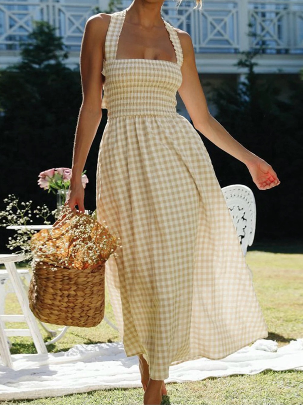 Commense Beige White Gingham Open Back Maxi Dress XL NWT Cotton Blend - Picture 3 of 11